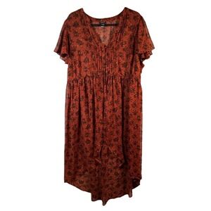 Torrid Women's 2 Sheer Floral Midi Dress Rust Red Boho Flutter High Low